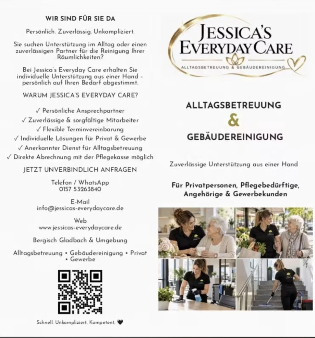 Flyer Vorderseite: Jessica's Everyday Care - Alltagsbetreuung und Gebäudereinigung