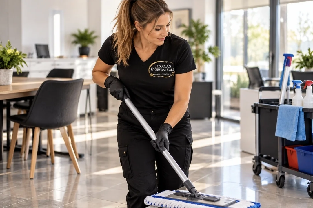 Reinigungskraft von Jessica's Everyday Care wischt den Boden in einem hellen Büro